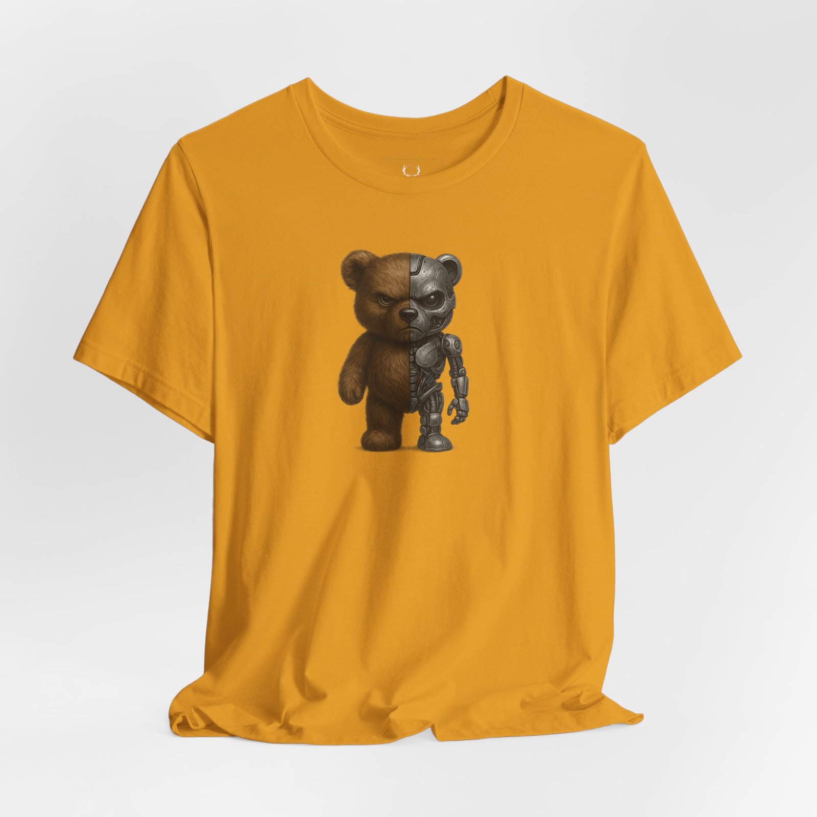 Cyberpunk Teddy Bear Tee styled for gamer streetwear, featuring half teddy half robot design in cyberpunk culture fashion.