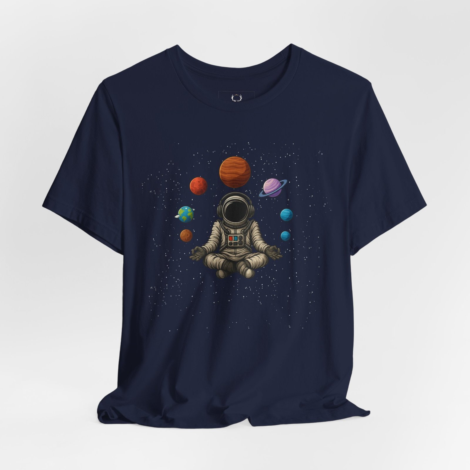Cosmic meditation astronaut streetwear shirt with planetary design, galaxy vibes, and intergalactic EDM-inspired artwork.