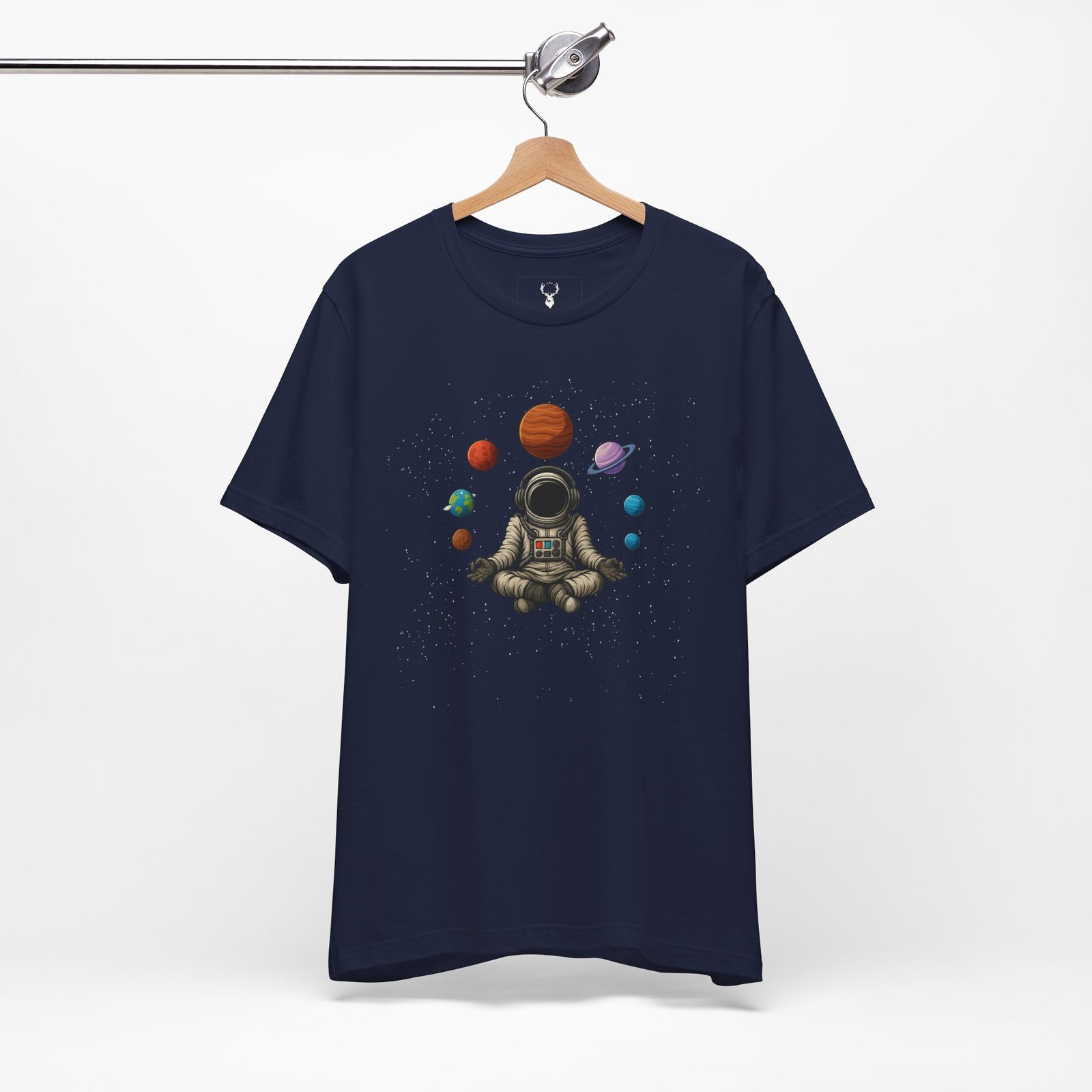 Space meditation cosmic streetwear tee featuring astronaut artwork, planets, and galaxy vibes perfect for festivals.