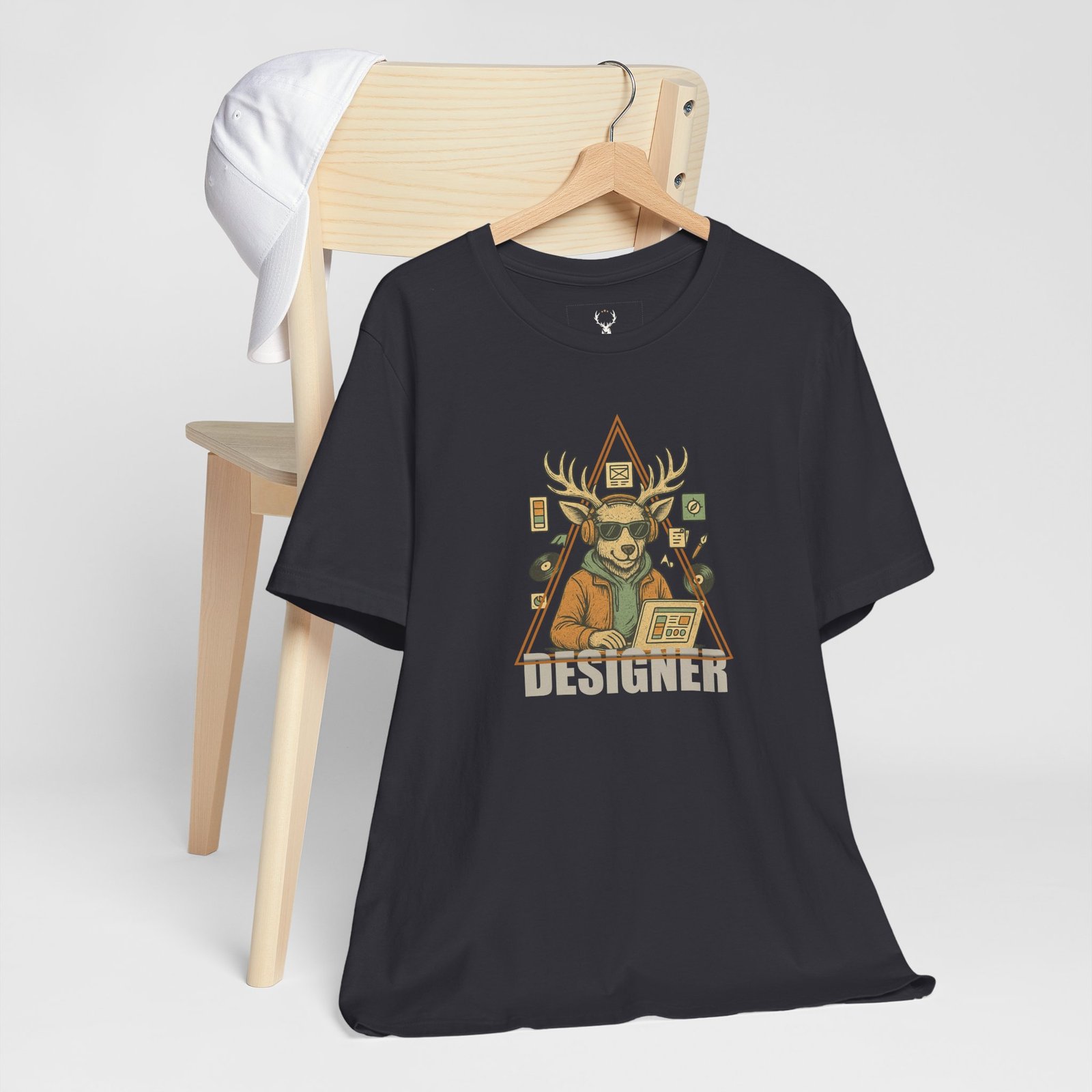 Urban streetwear EDM t-shirt with deer in sunglasses and music producer elements.