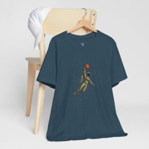 Space-themed basketball dunk t-shirt featuring astronaut slam dunk artwork.