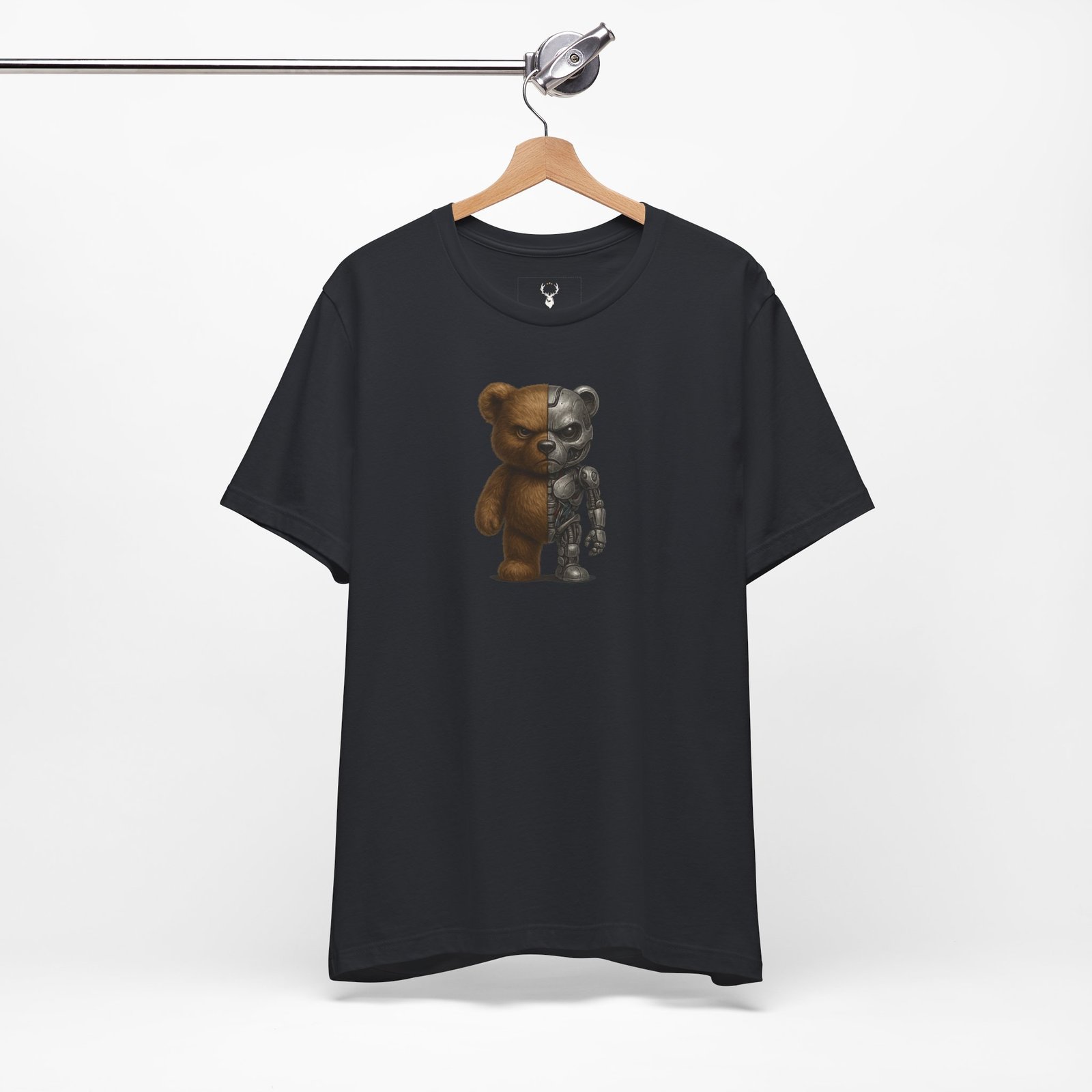 Cyberpunk Teddy Bear Tee with sci-fi cyborg teddy artwork, futuristic streetwear for EDM, rave, and gaming fashion lovers.