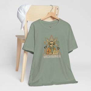 Graphic design inspired EDM t-shirt featuring deer with headphones and art tools.