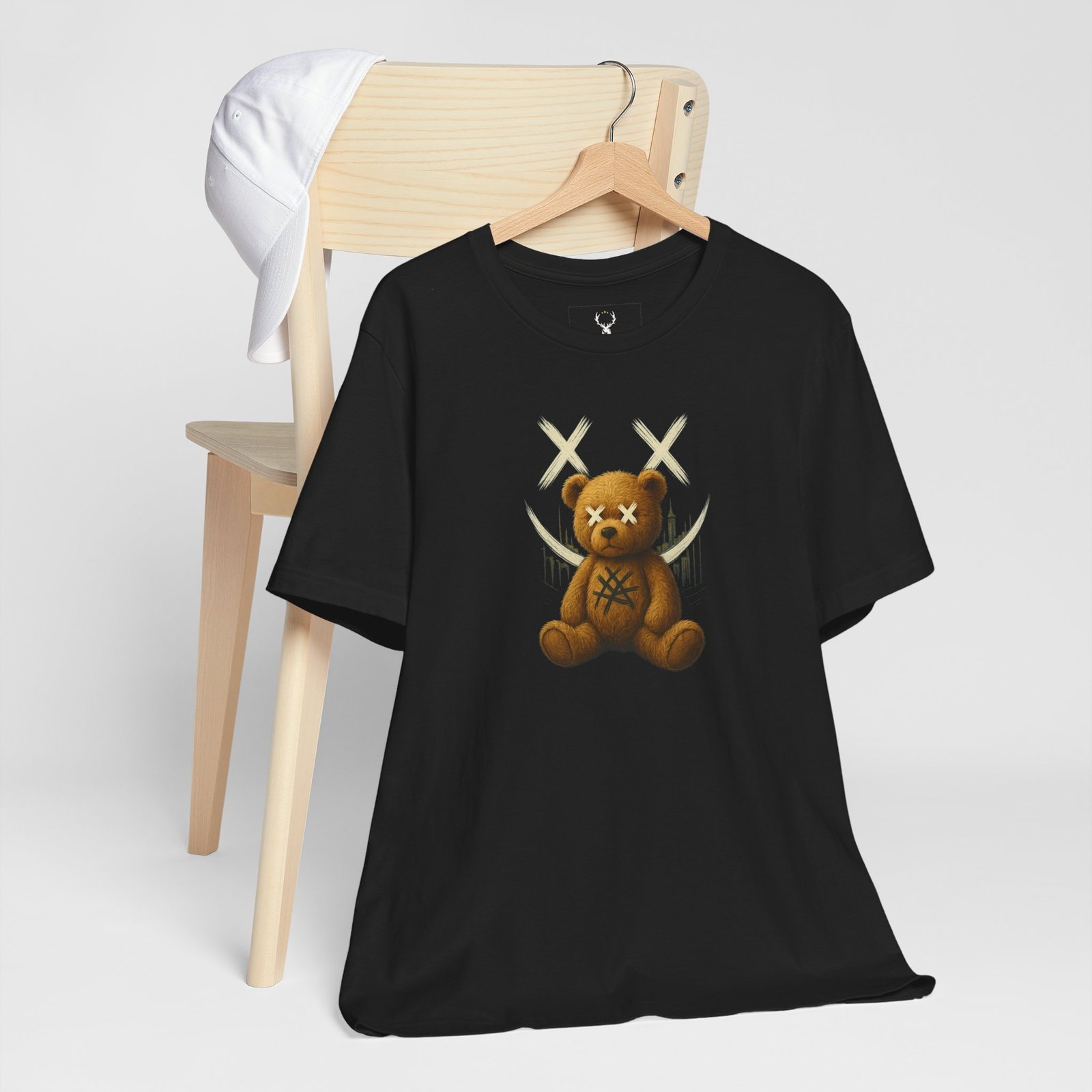 EDM festival teddy bear t-shirt with gothic style and X-eyes teddy print.