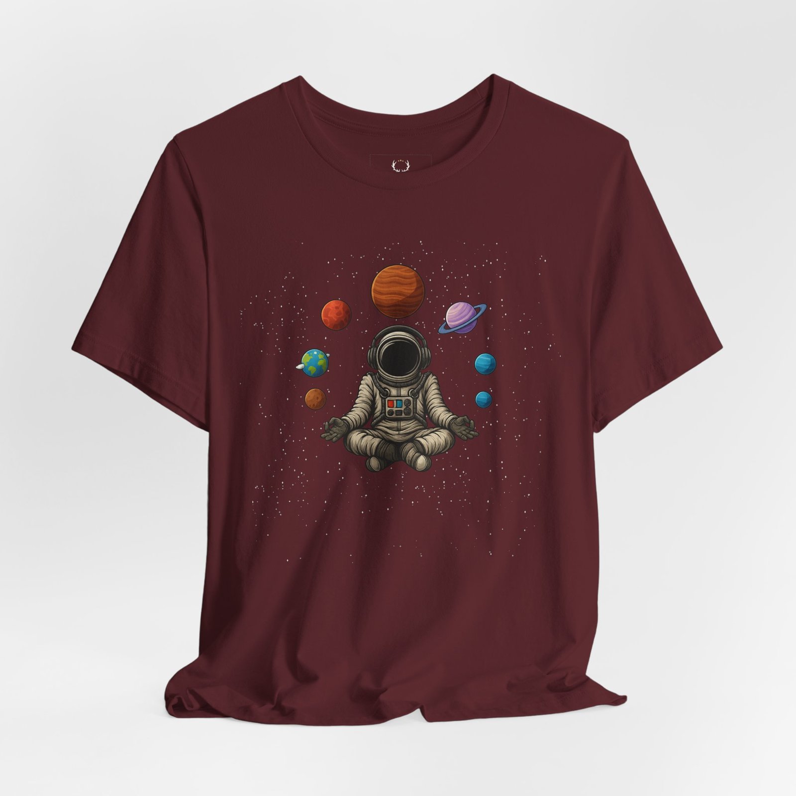 Sci-fi astronaut meditation festival shirt with planets orbit artwork, cosmic design, and intergalactic streetwear vibes.