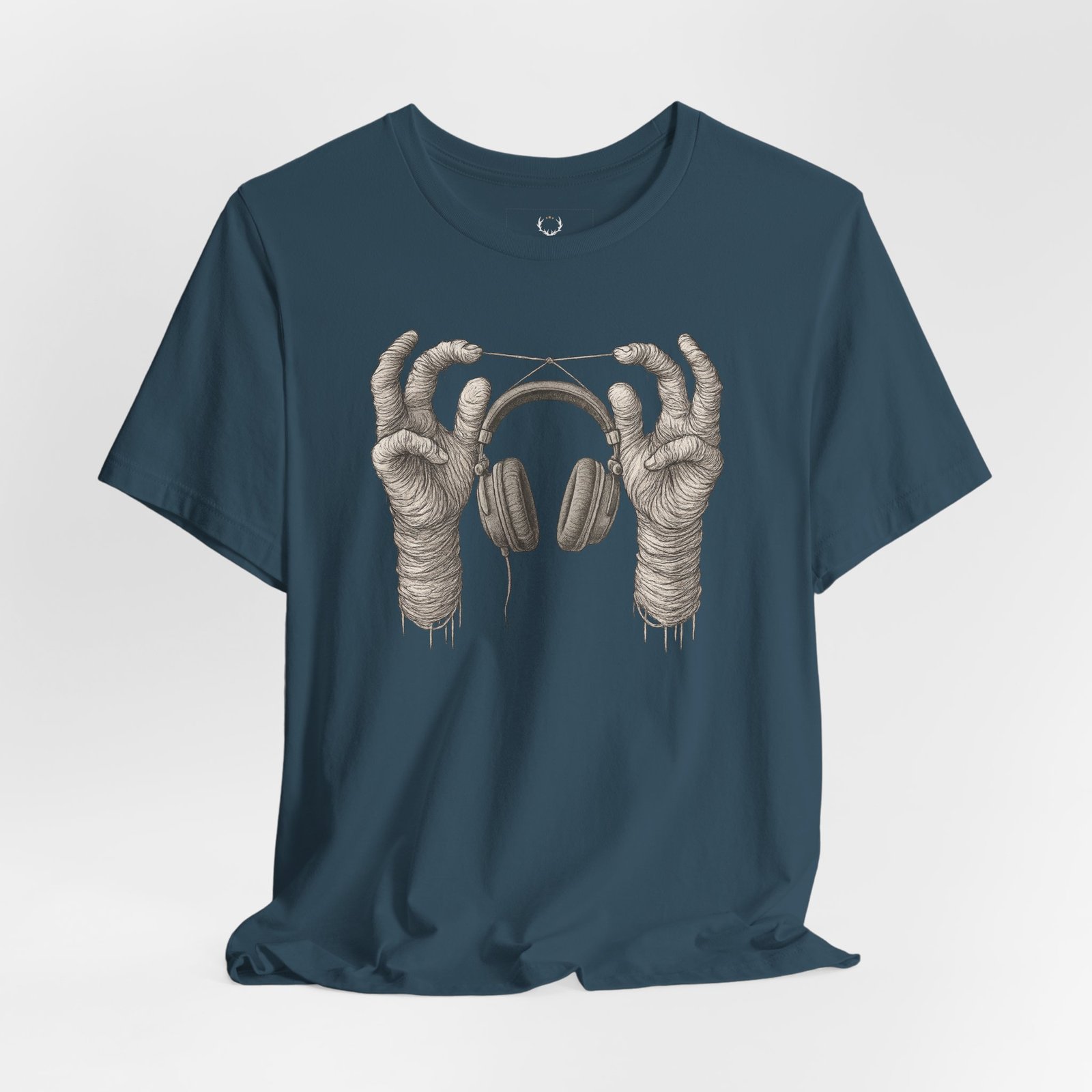 EDM Streetwear DJ T-Shirt with skeleton hands headphones design, perfect for ravers and DJs.