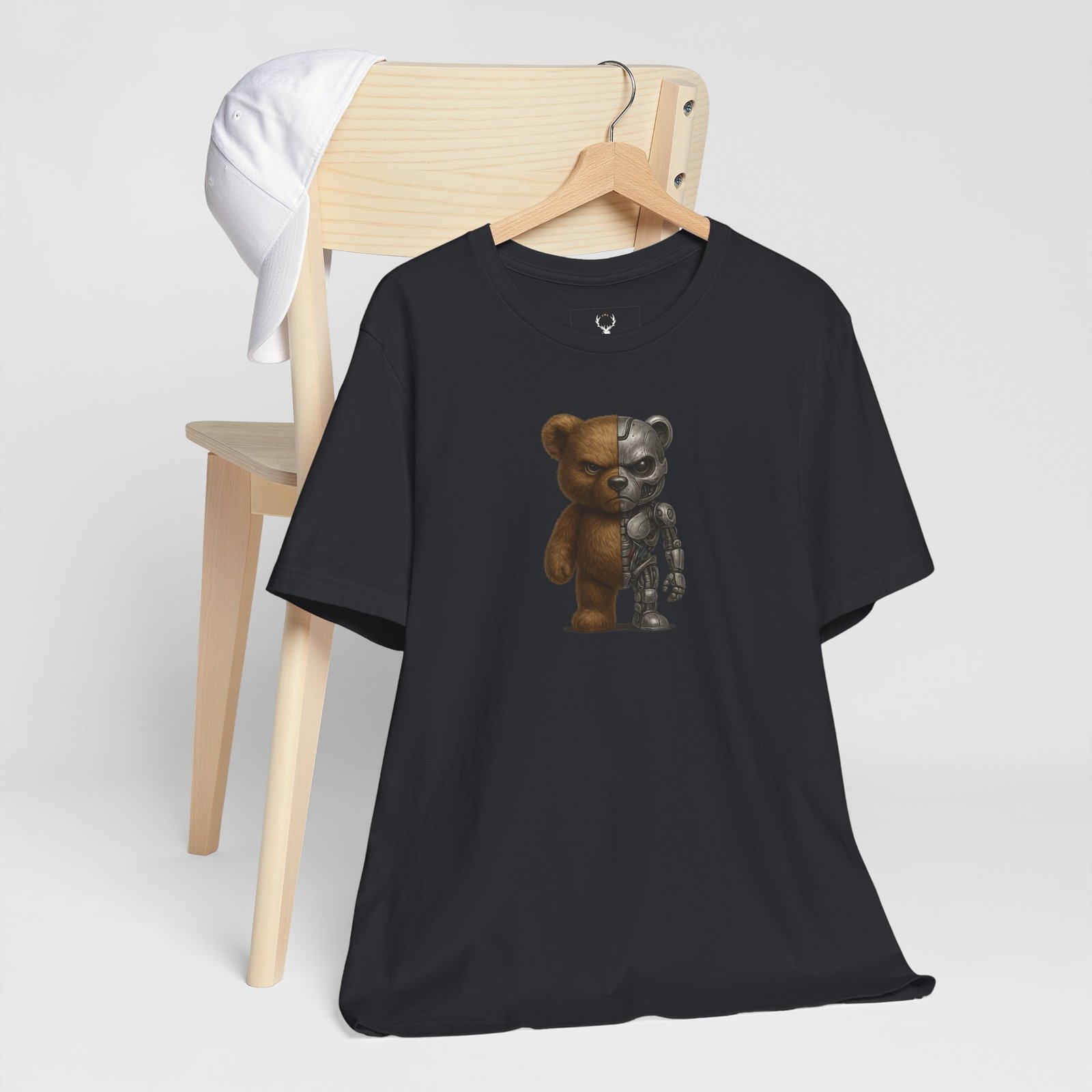 Cyberpunk Teddy Bear Tee showing futuristic cyborg teddy artwork, perfect for sci-fi fashion, rave culture, and techwear fans.