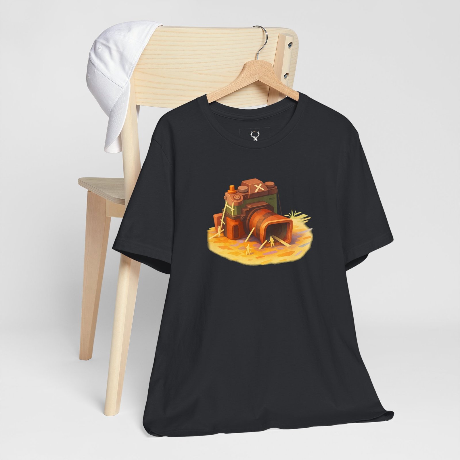 Graphic t-shirt with retro camera illustration designed for filmmakers and videographers.