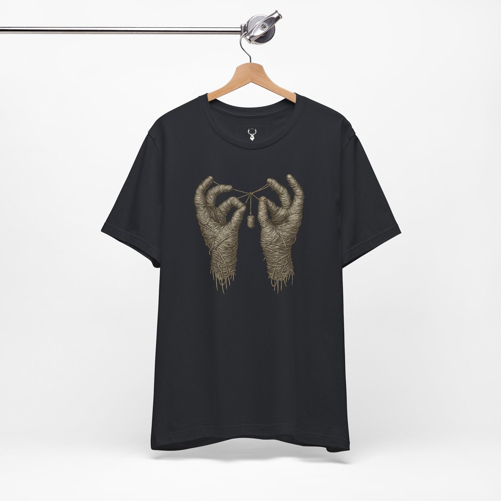 EDM streetwear mummy hands T-shirt for DJs, ravers, and Halloween-inspired festival fashion.