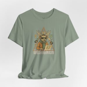 Creative studio and EDM shirt with deer illustration, cassette tapes, and design gear.