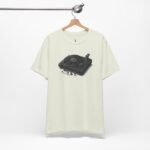 Retro DJ vinyl record player shirt with modern EDM graphic tee design for festival and rave culture.