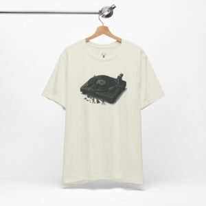 Retro DJ vinyl record player shirt with modern EDM graphic tee design for festival and rave culture.