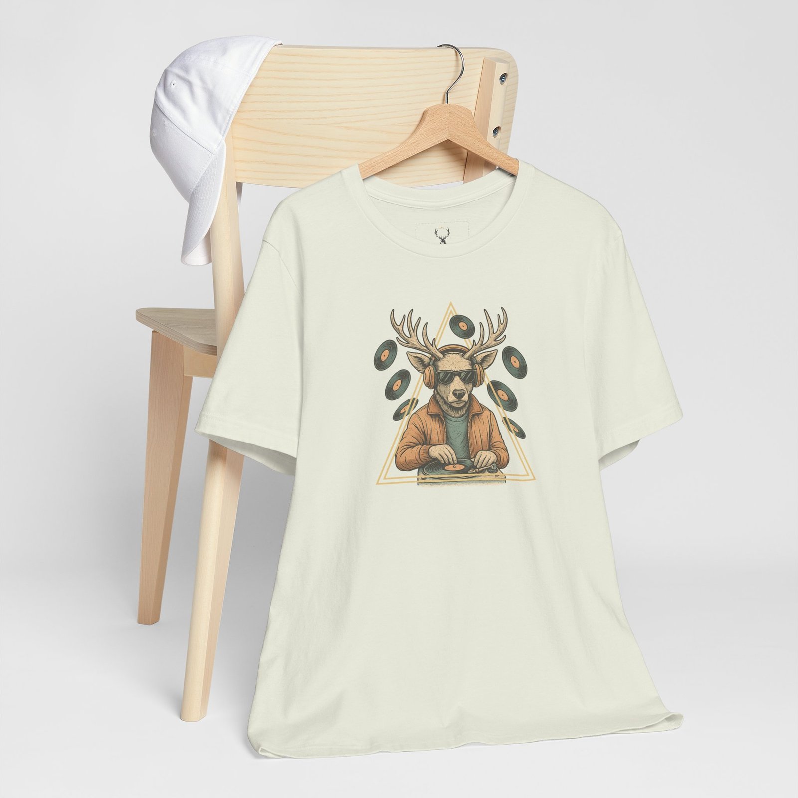 Deer DJ Graphic T-Shirt with EDM vinyl design, perfect rave clothing streetwear tee for festivals and music culture.