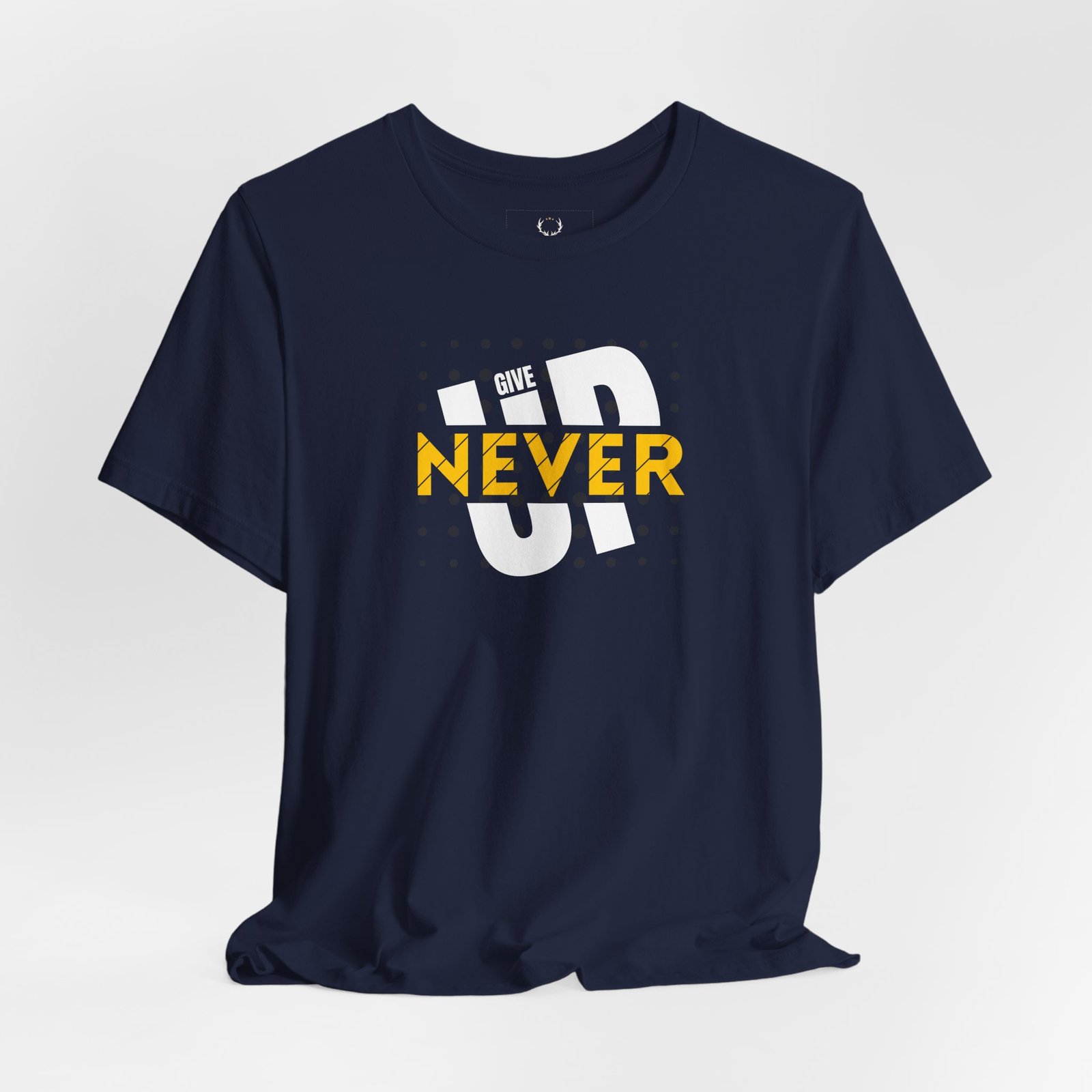 Motivational Never Give Up Tee with bold slogan for streetwear, fitness, and lifestyle.