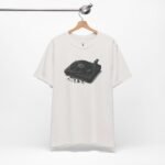 Vinyl record player graphic t-shirt with turntable design for DJs, rave fans, and house music culture lovers.