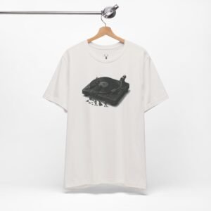 Vinyl record player graphic t-shirt with turntable design for DJs, rave fans, and house music culture lovers.