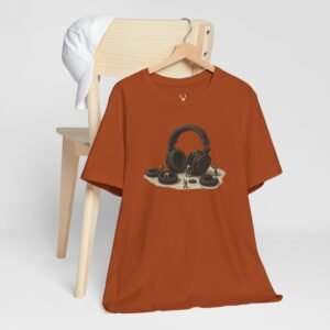 Headphone Artwork T-Shirt in modern streetwear style, bold design for EDM culture and festivals.