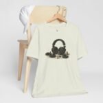 Unique Headphone Artwork T-Shirt showing creative headphone design with tiny workers illustration, perfect for music fashion.