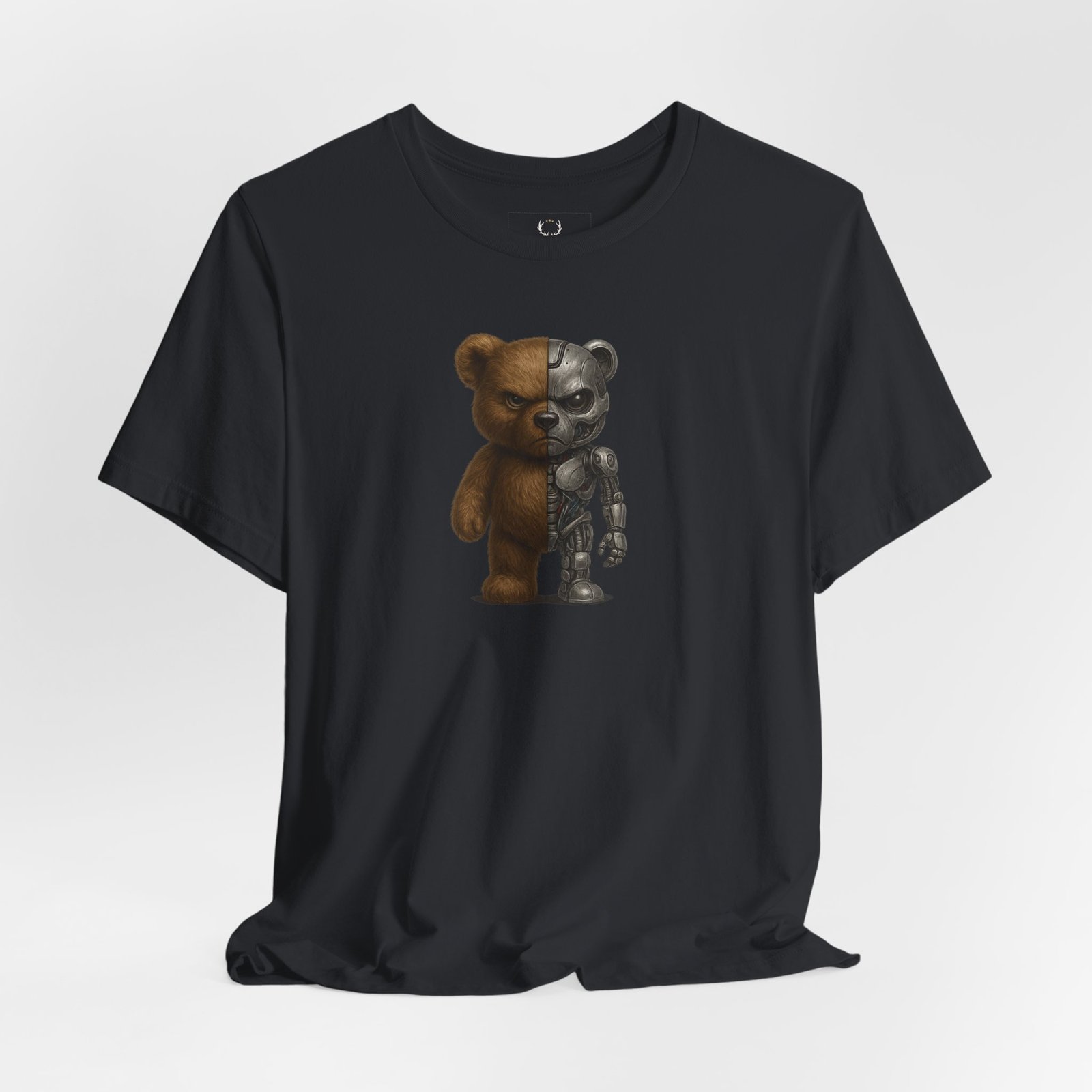 Futuristic Cyberpunk Teddy Bear Tee with robotic teddy artwork, made for gamers, rave fans, and alternative cyberpunk streetwear.