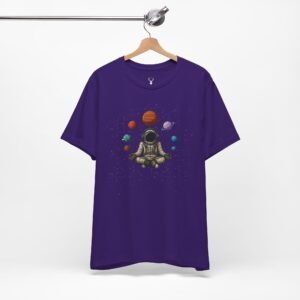 Intergalactic festival astronaut t-shirt with solar system artwork, meditation pose, and cosmic psychedelic streetwear design.