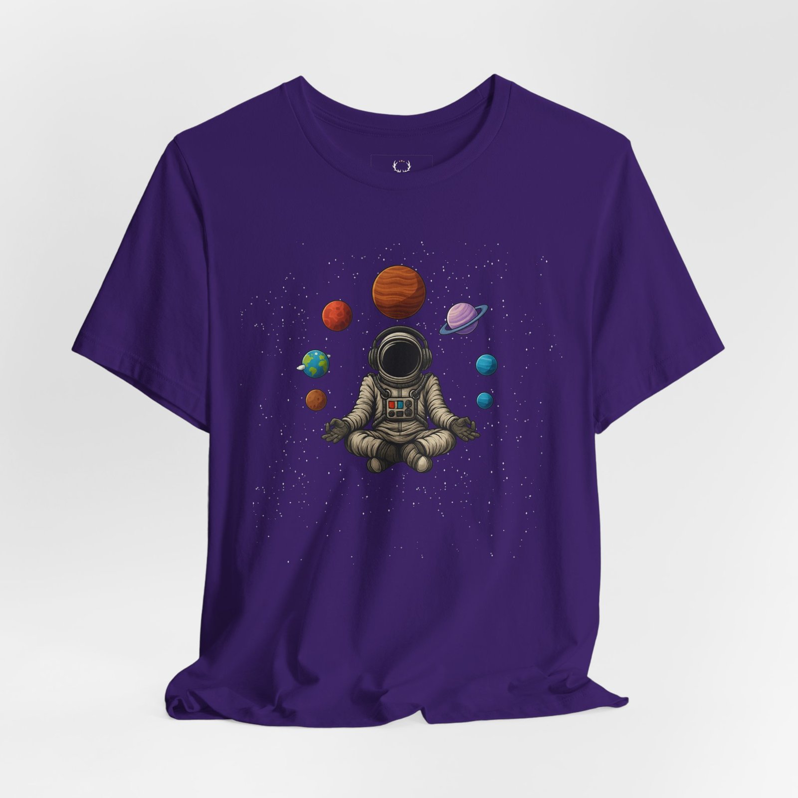 Space planets EDM streetwear shirt featuring meditation astronaut artwork, futuristic design, and cosmic festival vibes.