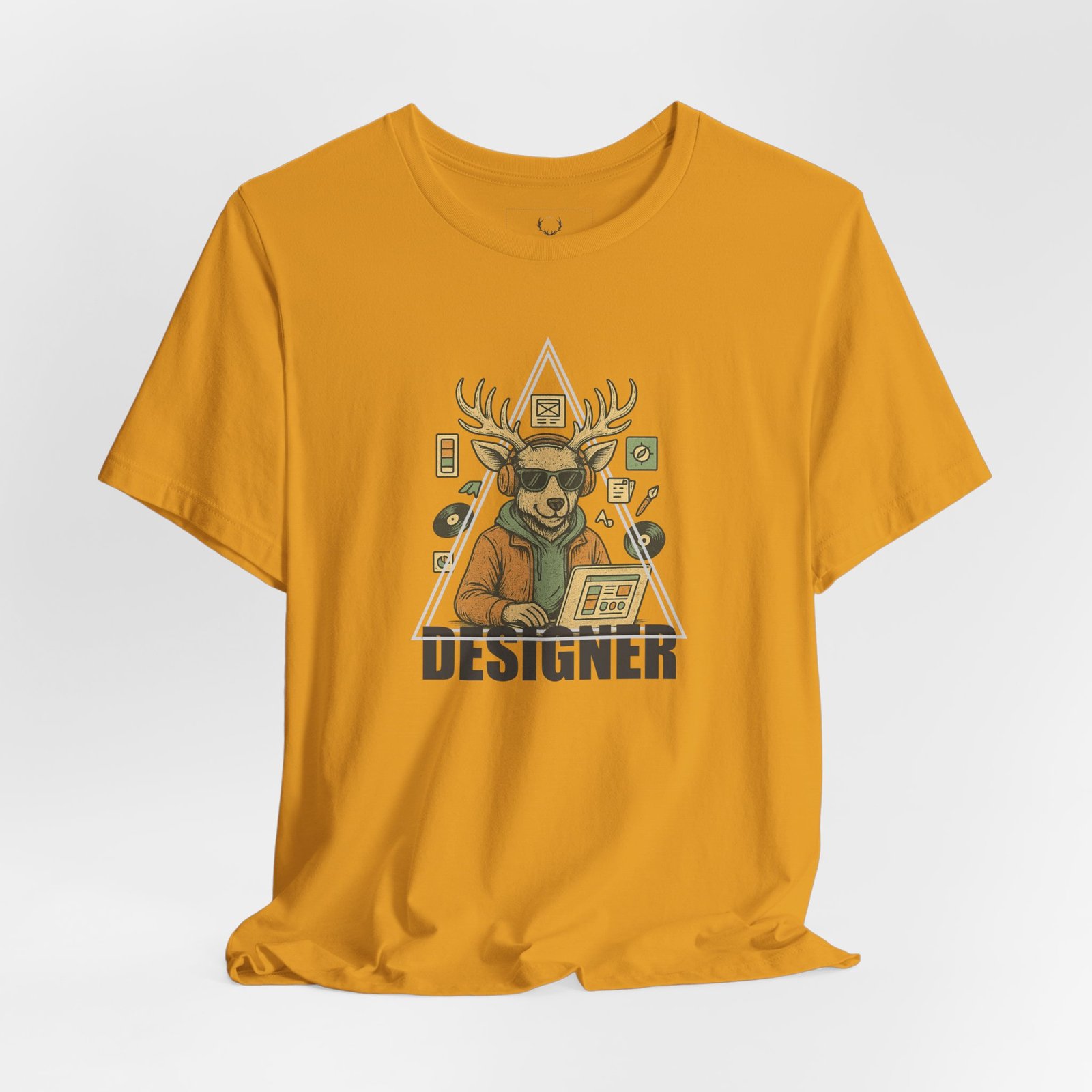 Designer deer art shirt with retro cassette tapes, vinyls, and EDM vibe.