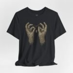 Rave streetwear T-shirt with mummy hands design, tailored for DJs, festival lovers, and techno fans.