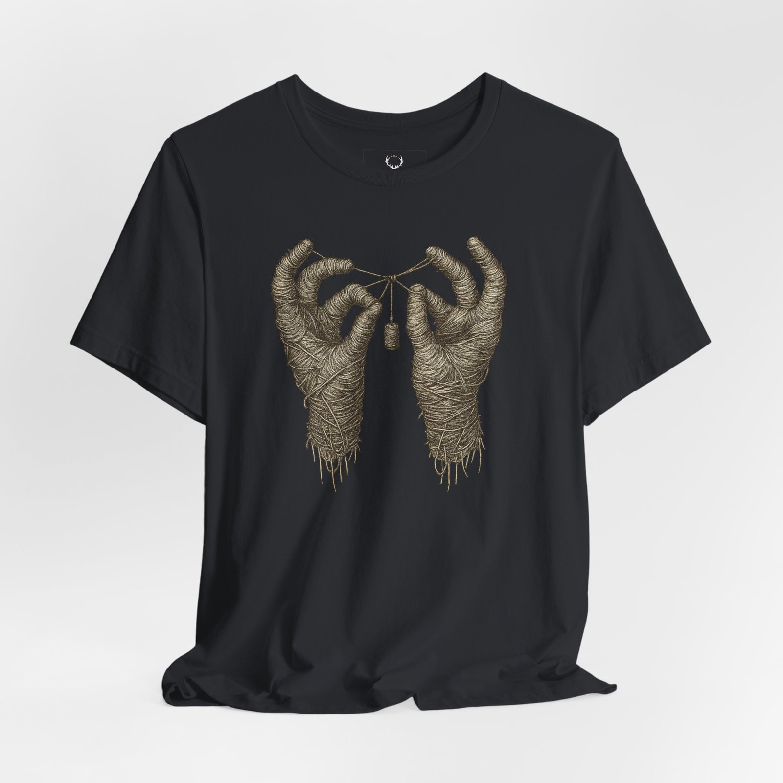 Rave streetwear T-shirt with mummy hands design, tailored for DJs, festival lovers, and techno fans.