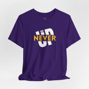 Streetwear inspired motivational Never Give Up Graphic T-Shirt with bold typography.