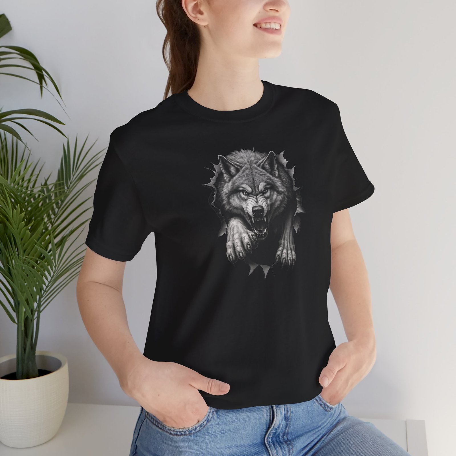 Predator wolf graphic shirt showcasing a snarling wolf design for gothic streetwear fashion.