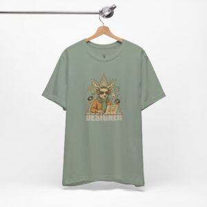 Designer streetwear EDM tee with bold deer artwork and design triangle motif.