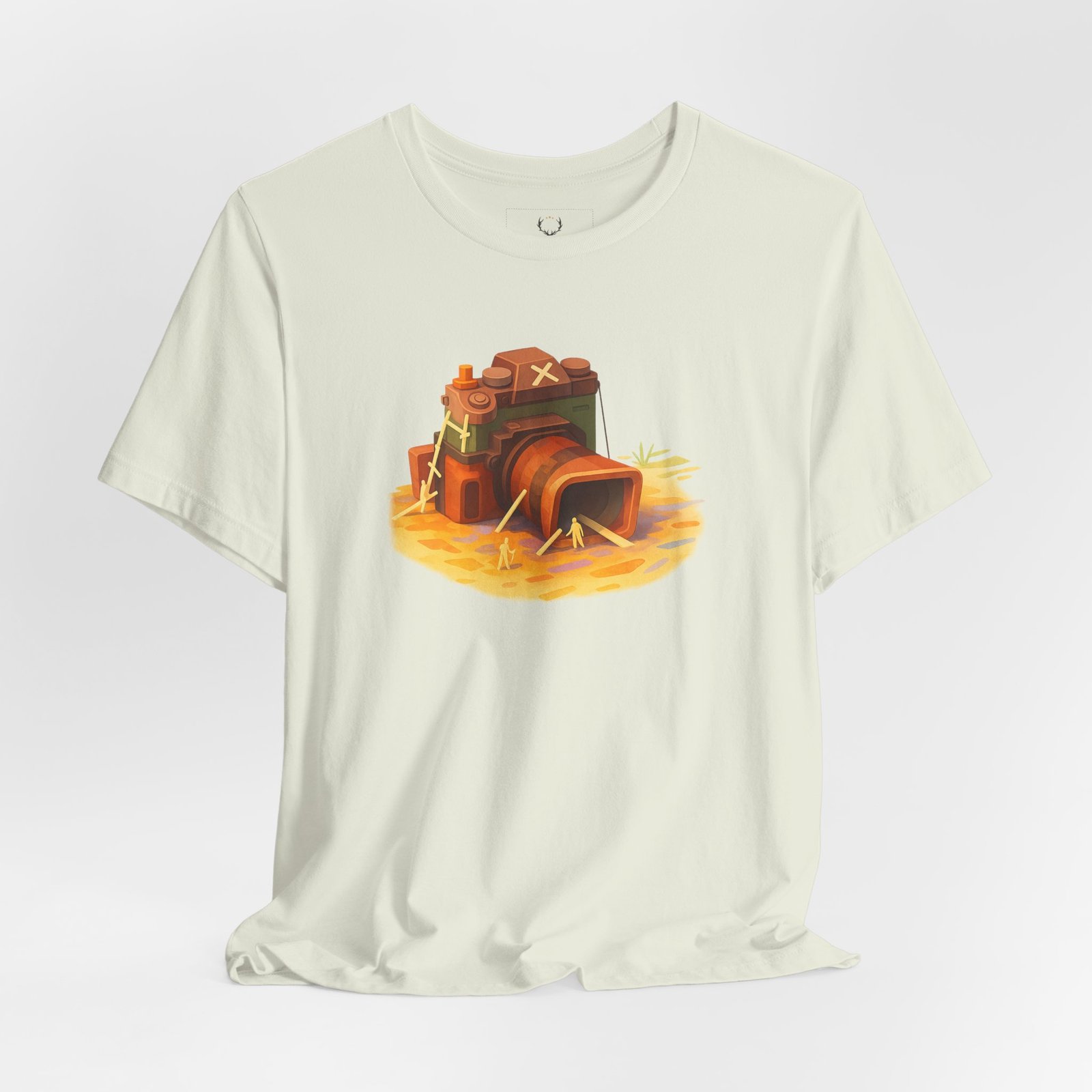 White Photographer T-Shirt with detailed retro camera design, perfect for photography lovers and creative professionals.