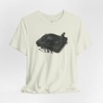Hip hop and EDM culture vinyl record player graphic t-shirt designed for DJs and streetwear enthusiasts.