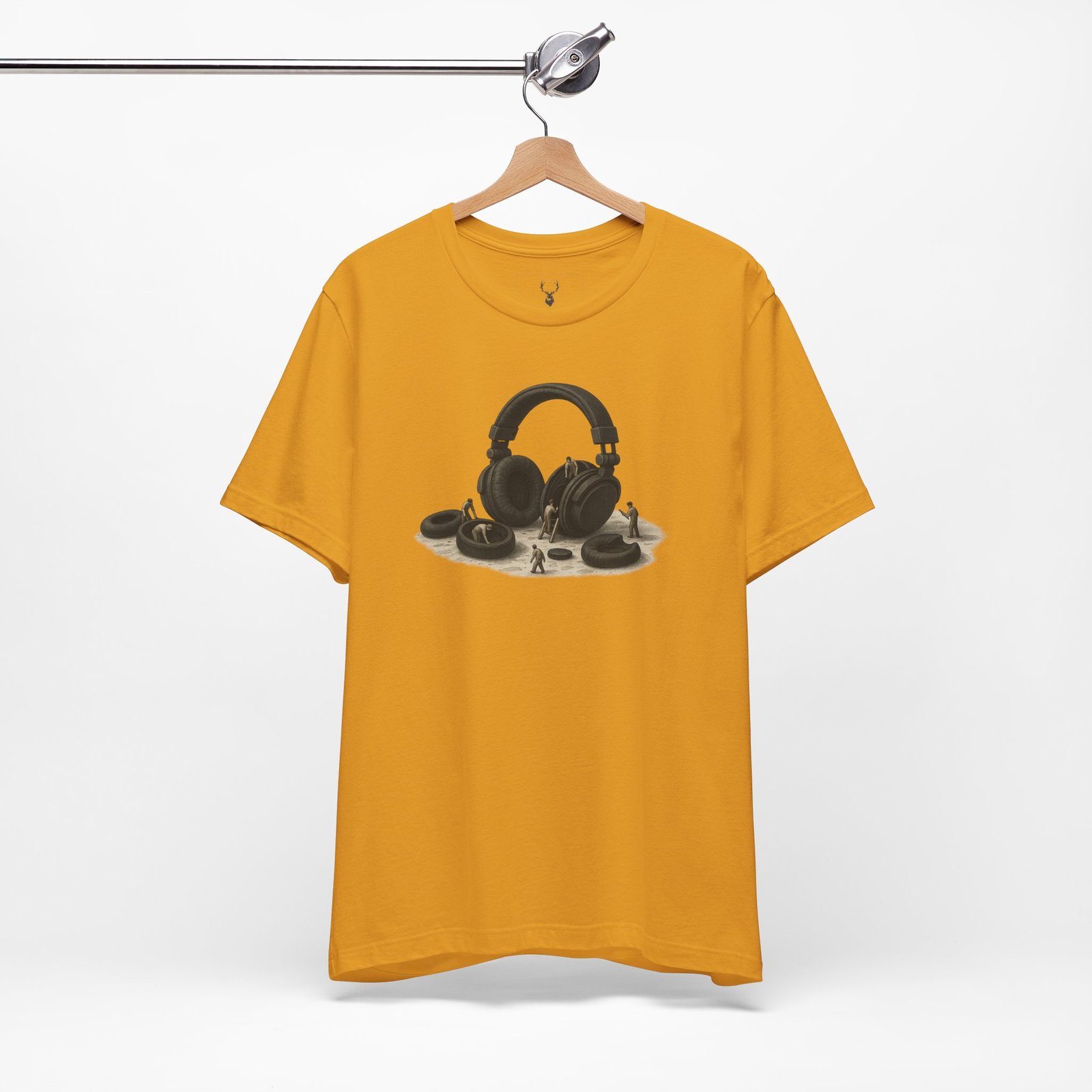 Headphone Artwork T-Shirt featuring bold black headphone design with mini worker concept for EDM streetwear lovers.