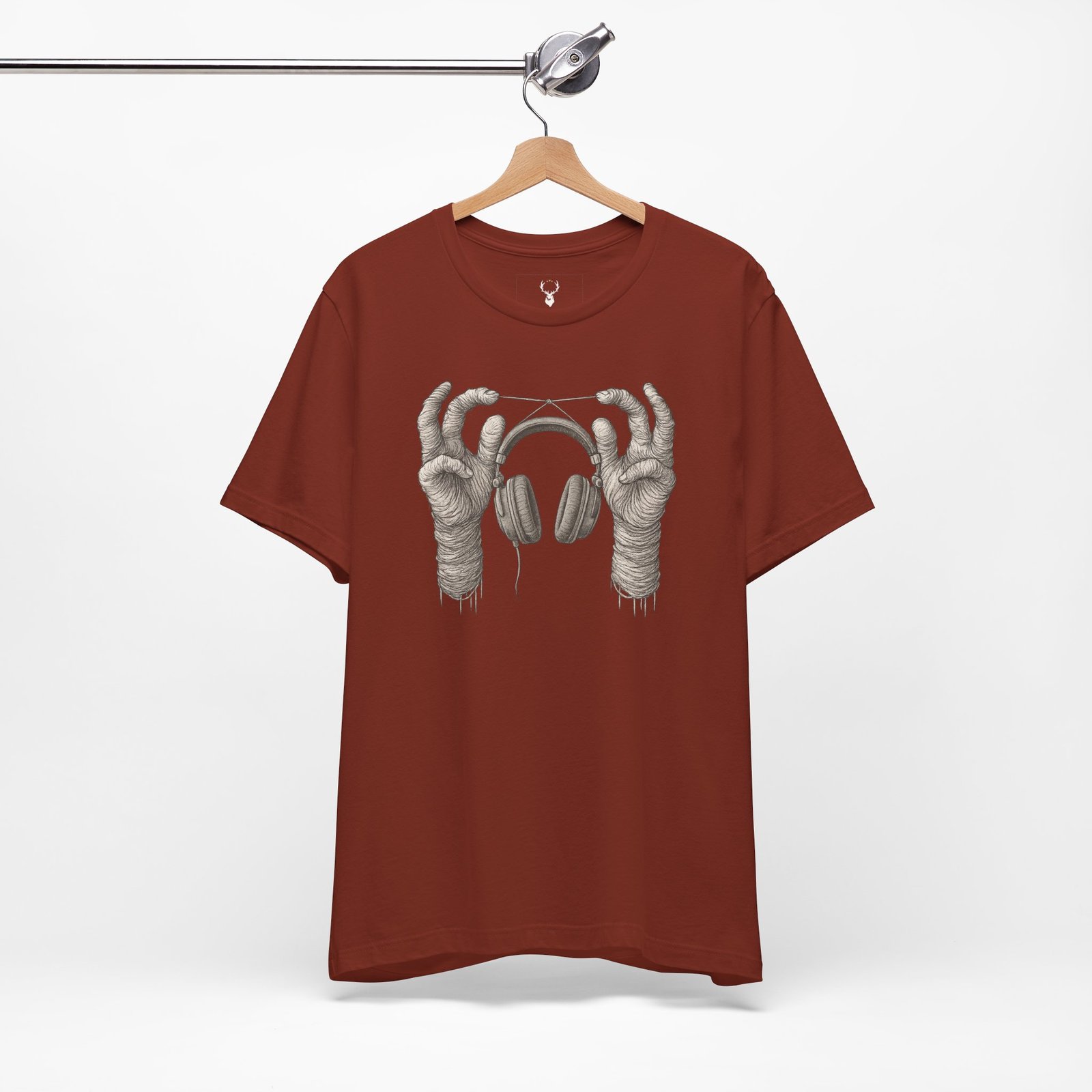 Skeleton Hands DJ Graphic Shirt with headphones design for EDM ravers, festival outfits, and streetwear culture.