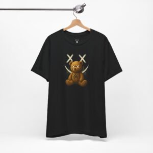 Creepy teddy bear graphic tee with gothic design, rave fashion outfit for EDM festivals.