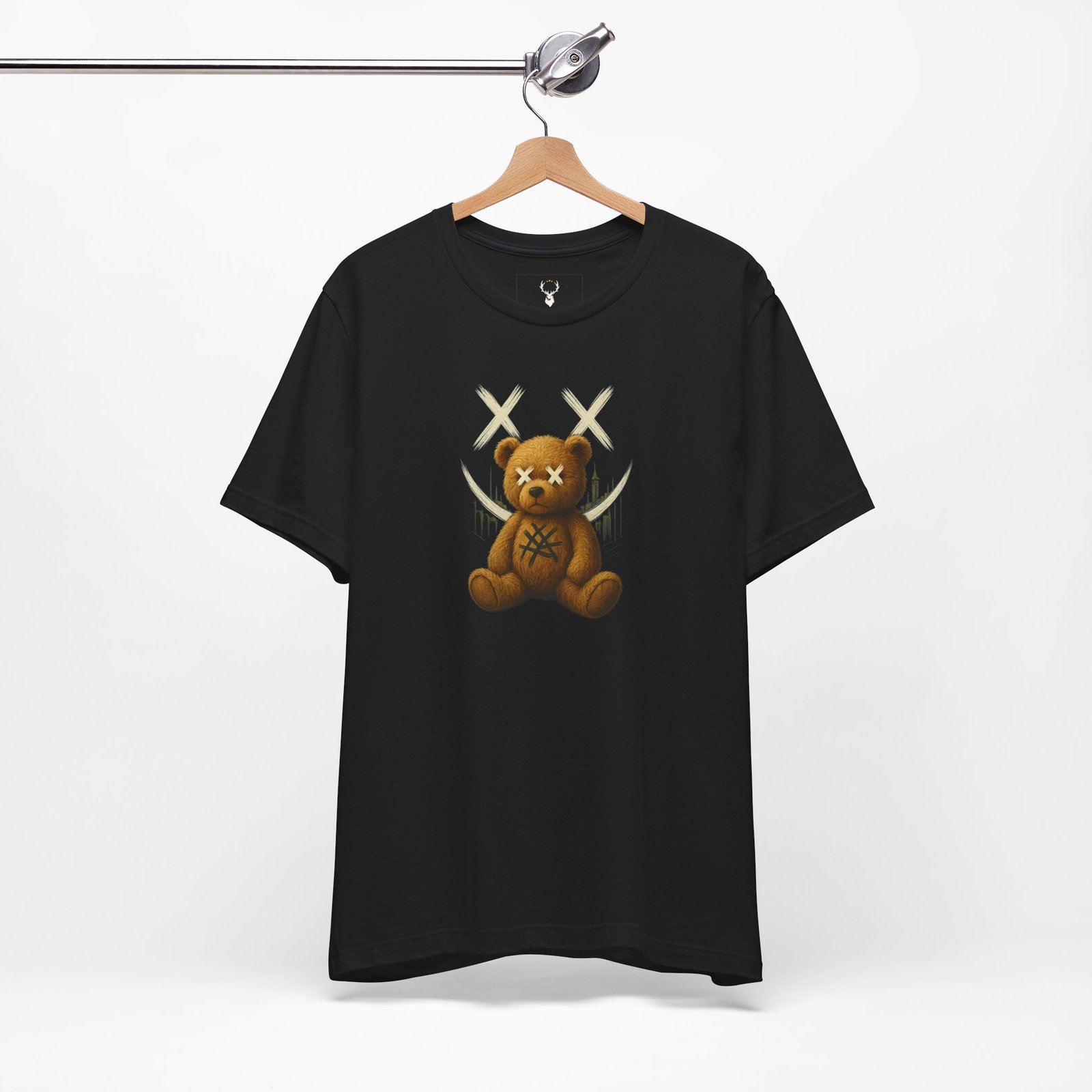 Creepy teddy bear graphic tee with gothic design, rave fashion outfit for EDM festivals.