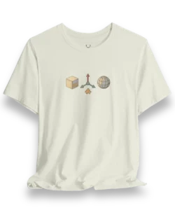 White 3D Designer T-Shirt with cube, axis, and globe graphics for Blender, Maya, Cinema4D, and Unreal Engine artists.
