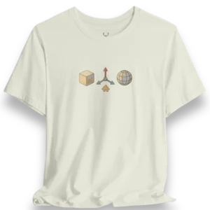 White 3D Designer T-Shirt with cube, axis, and globe graphics for Blender, Maya, Cinema4D, and Unreal Engine artists.