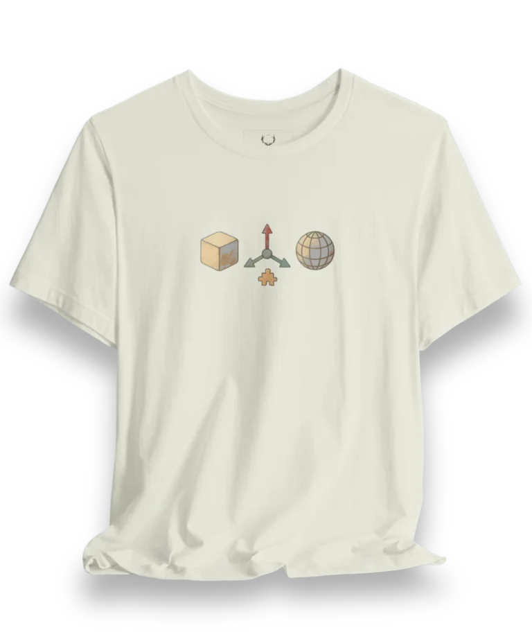 White 3D Designer T-Shirt with cube, axis, and globe graphics for Blender, Maya, Cinema4D, and Unreal Engine artists.