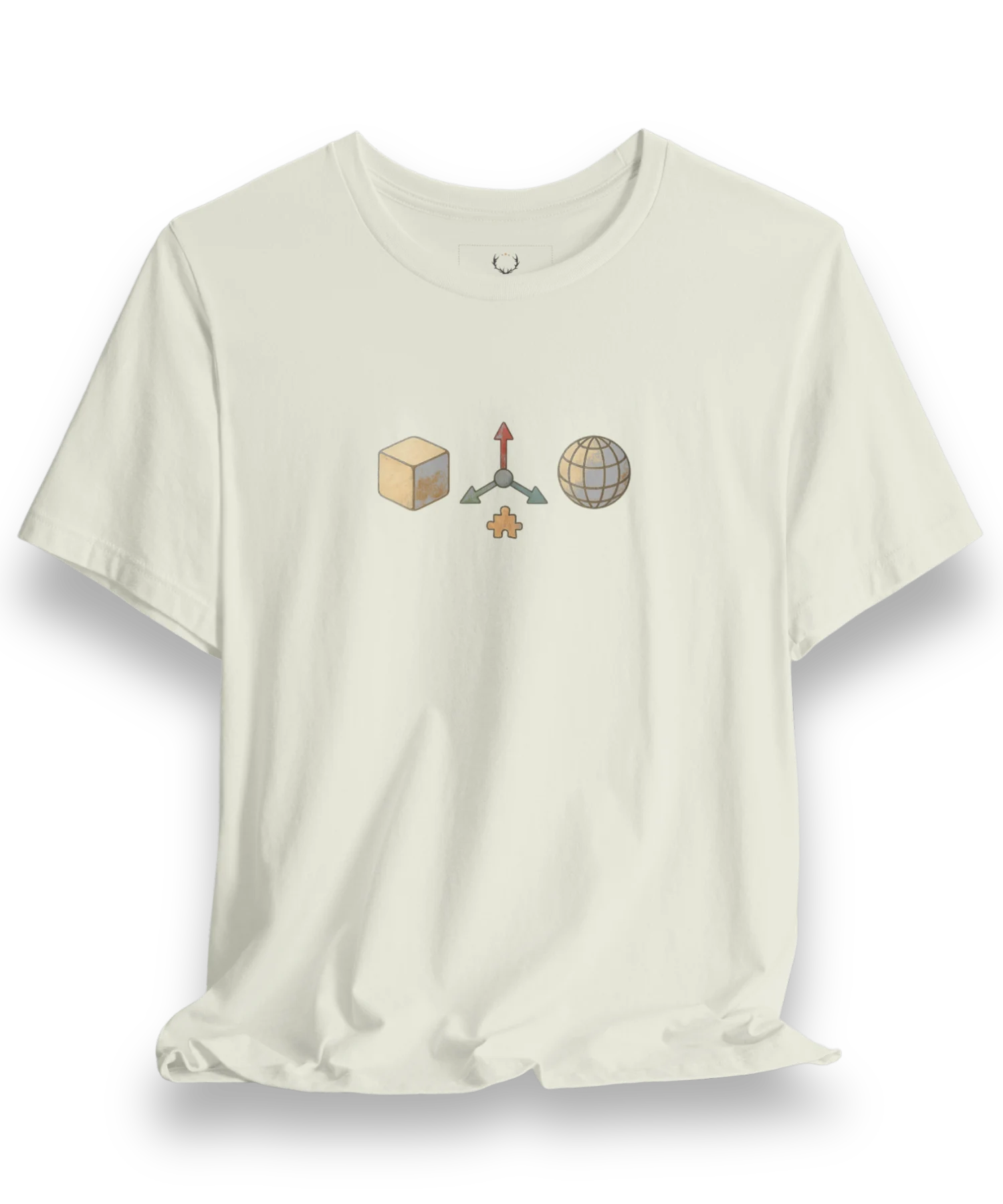 White 3D Designer T-Shirt with cube, axis, and globe graphics for Blender, Maya, Cinema4D, and Unreal Engine artists.