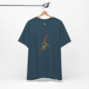 Astronaut slam dunk graphic tee with cosmic basketball design for festival outfits and streetwear.