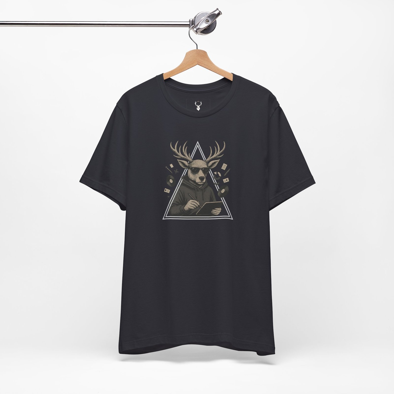 EDM-inspired Designer Deer Graphic Tee, styled with music gear to highlight its role as creative festival streetwear apparel.