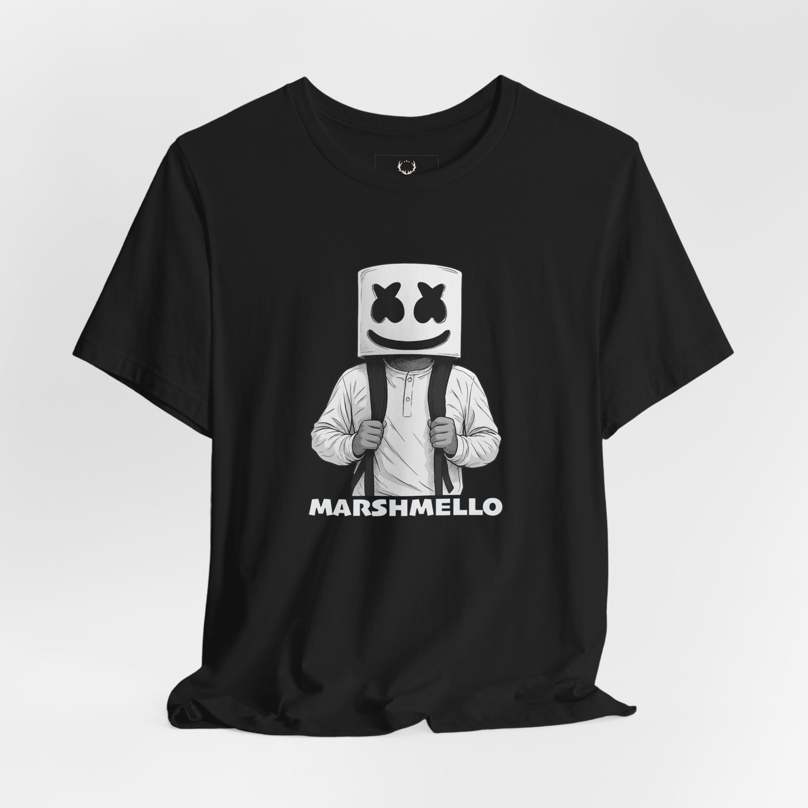 Marshmello Backpack Shirt EDM rave festival streetwear fan merch tee with EDM-inspired DJ graphic print.