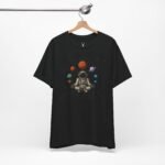 Galaxy meditation astronaut t-shirt with planets orbit design, cosmic streetwear outfit for EDM rave and space-inspired fashion.