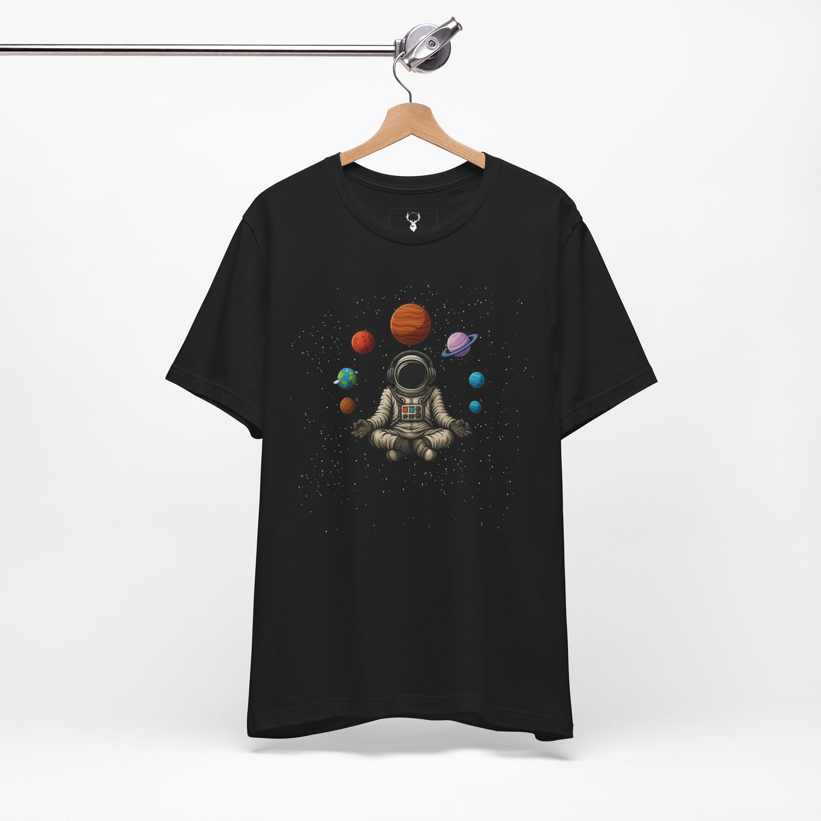 Galaxy meditation astronaut t-shirt with planets orbit design, cosmic streetwear outfit for EDM rave and space-inspired fashion.