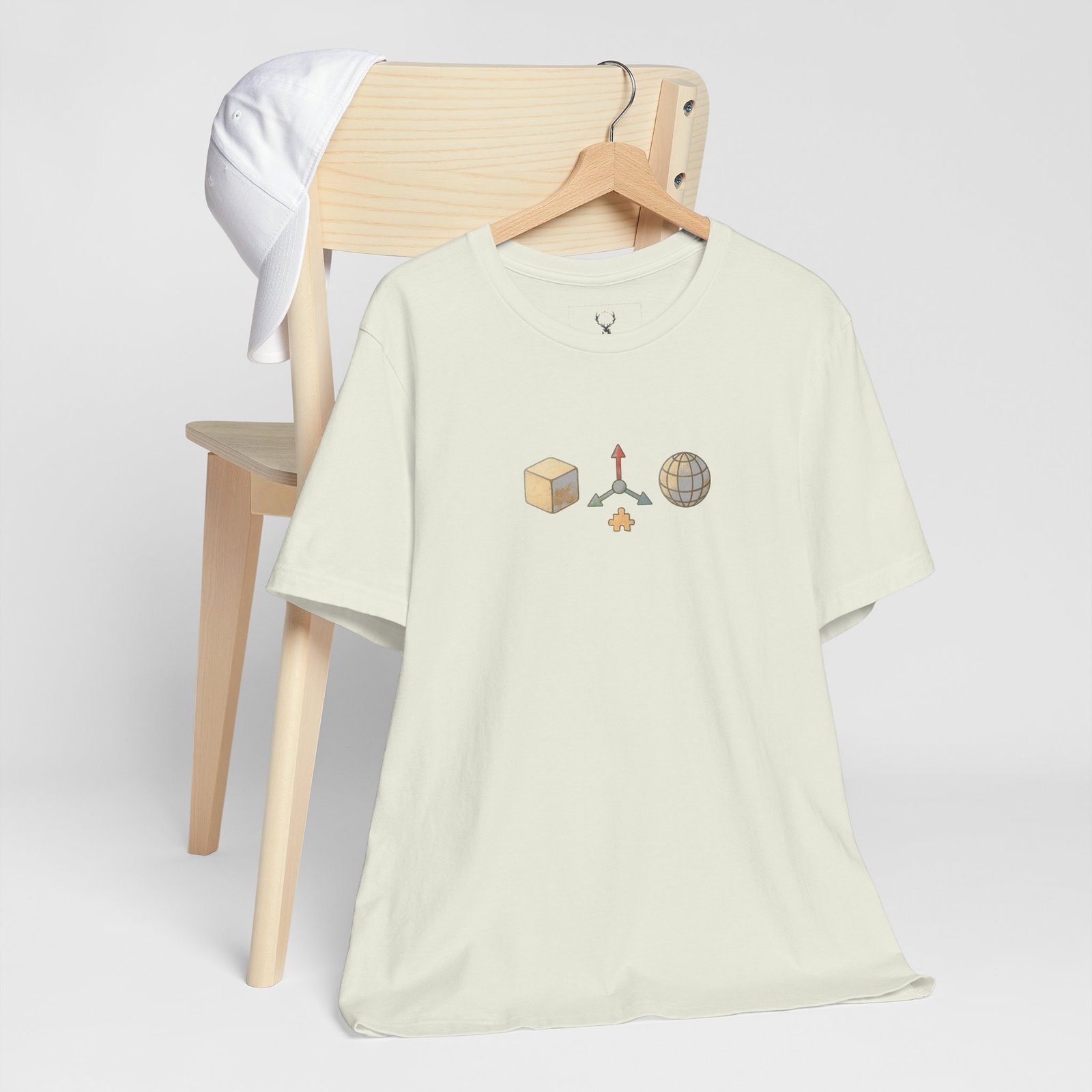 White 3D Artist T-Shirt with modeling and axis tool graphics for Blender, Maya, Cinema4D, Unreal Engine, and ZBrush creators.