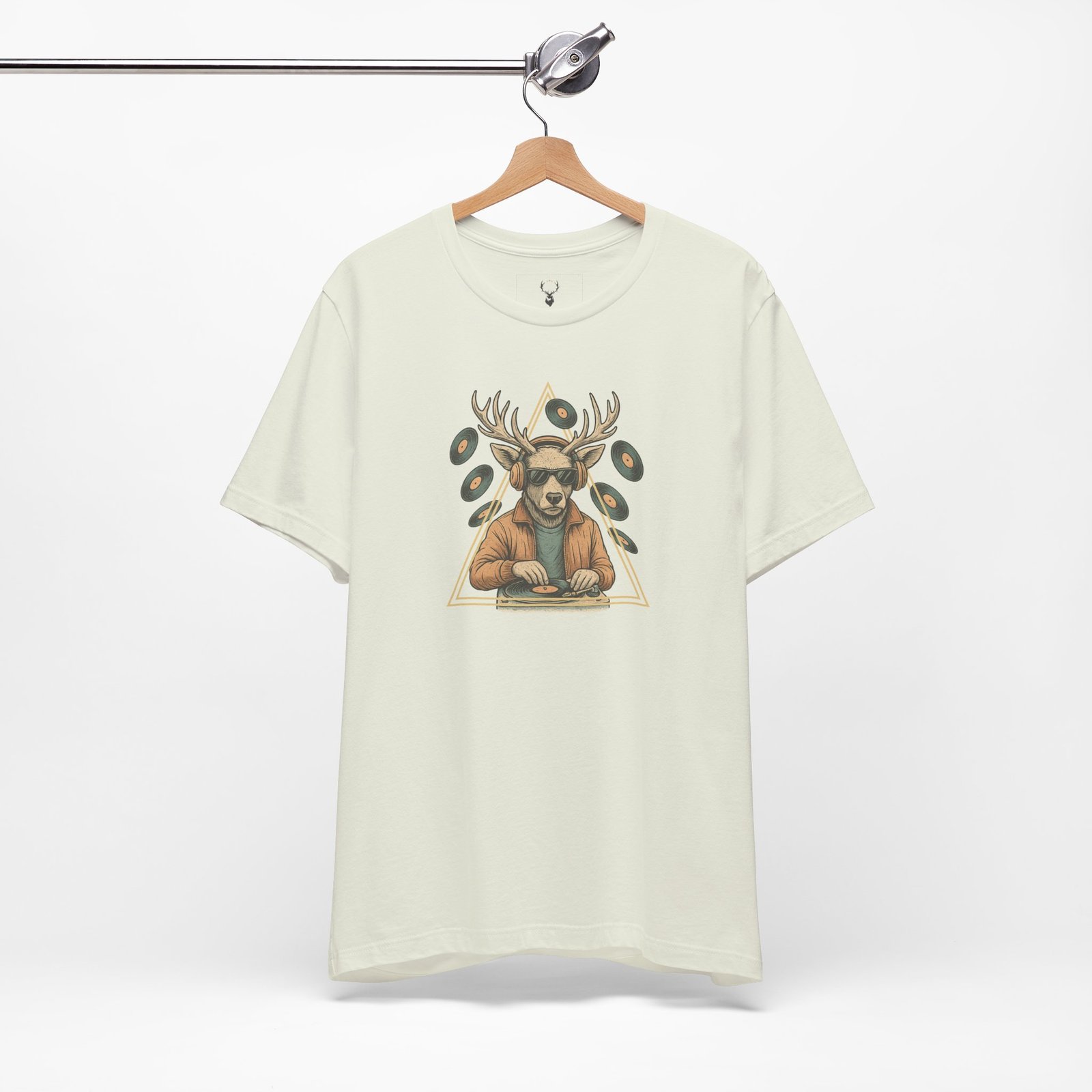EDM culture Deer DJ Graphic T-Shirt with vinyl record artwork – rave streetwear designed for music fans and festival outfits.