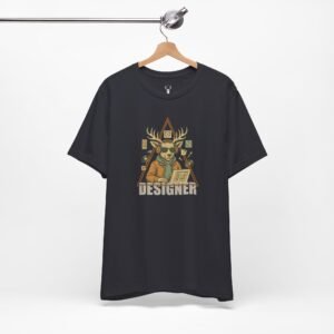 Designer Deer Graphic Tee with headphones and geometric triangle frame for creative professionals.