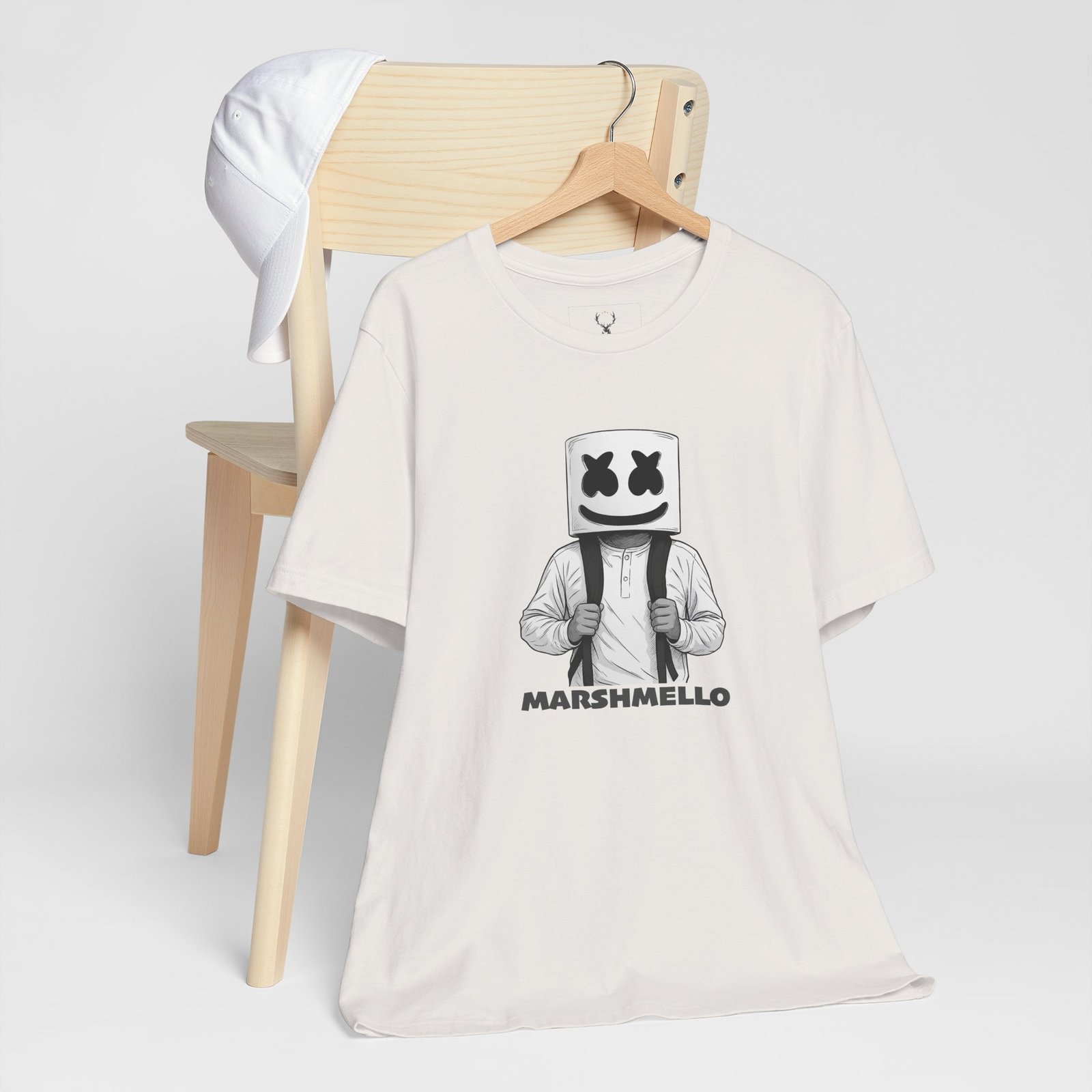 Marshmello White Helmet Shirt EDM fan merch T-Shirt with graphic design, perfect for festivals, raves, and concerts.
